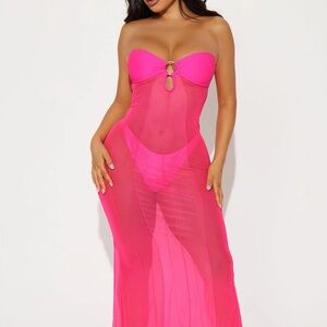 Fashion Nova Pink Strapless Bikini with Sweetheart Neckline Mesh Coverup